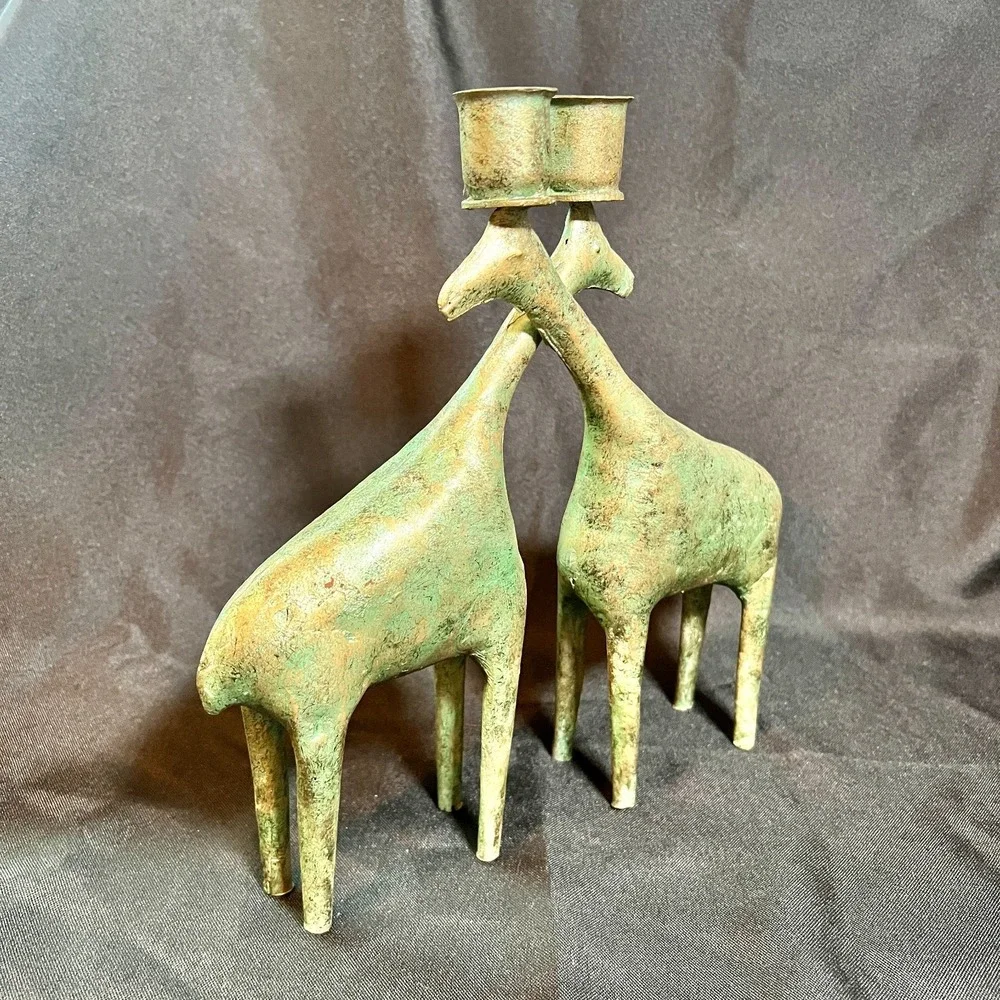 Vintage Verdigris‎ Metal Giraffe Candleholders Pair Indonesia Mid Century Modern